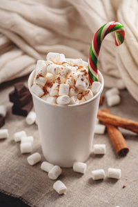 一杯热巧克力，上面有棉花糖和一根棒棒糖棒在针织毛毯背景上。 舒适温暖的冬季乡村情调作文