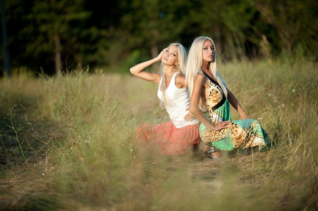 两个漂亮的金发女孩在草地上摆姿势