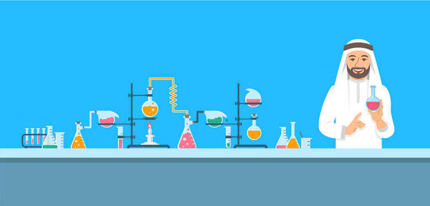 化学实验室的化学家。 平面矢量背景。 卡通水平横幅。 阿拉伯人科学家穿着白色外套，在制药设备附近拿着药瓶。 医学研究概念