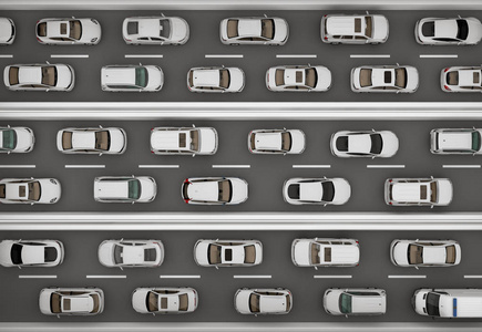 一排充满白色汽车的道路。 3D渲染