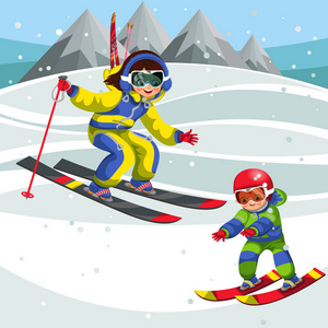 卡通教练展示小孩如何滑雪适当