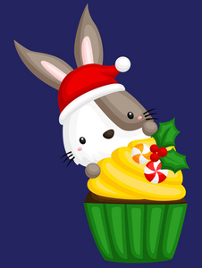 一只可爱的小兔子在一个甜蜜的圣诞蛋糕后面的矢量