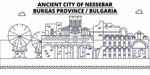 保加利亚布尔加斯, 内塞巴旅行著名的地标天际线, 全景, 向量。保加利亚布尔加斯, 内塞巴尔线性例证