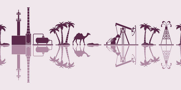 矢量无缝模式与设备的石油生产炼油厂种植骆驼棕榈树。 标题或页脚横幅。
