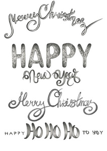 铅笔手画黑白两种不同风格的新年和圣诞快乐的文字