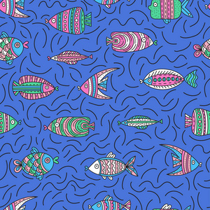 无缝图案与可爱的鱼在涂鸦风格。 手绘矢量插图