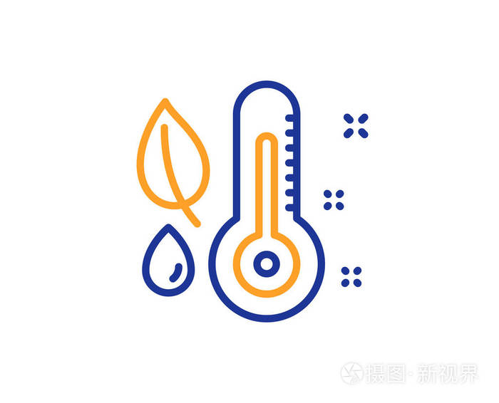 温度计线图标湿度和叶片标志水分符号五颜六色的轮廓概念蓝色和橙色