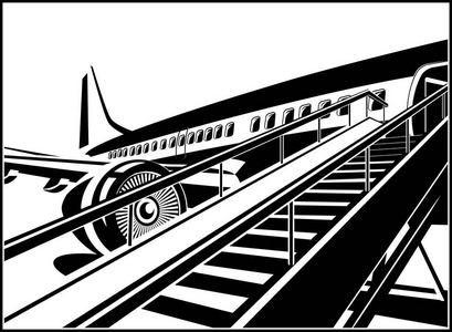 民用航空主题的程式化矢量插图。 现代喷气式飞机准备迎接乘客。