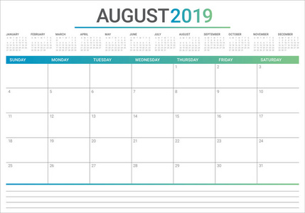 2019年8月办公桌日历矢量插图简单干净的设计。