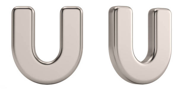 字母u来自白色背景上孤立的钢实心字母表。 三维插图。