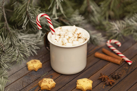 冬天热的圣诞巧克力或可可与棉花糖与装饰。 一杯热巧克力和棉花糖和姜饼放在圣诞桌上。