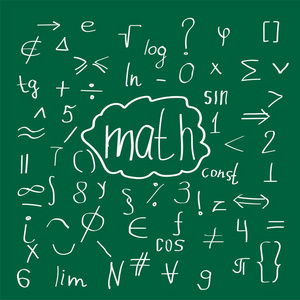 绿色背景上的数学手绘涂鸦基本字符。 矢量图。