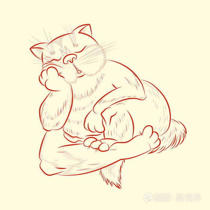插画 猫睡觉,用爪子支撑他的头.猫的颜色是深橙色.银河系背景.eps