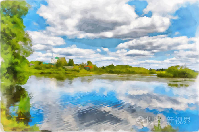 数字绘画. 画水彩画. 抽象水彩乡村景观,天空中有湖泊