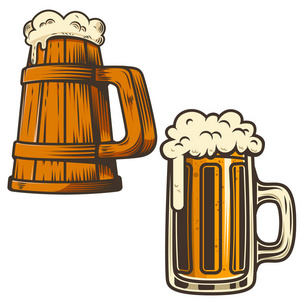白色背景上的啤酒杯插图。 海报卡徽标志菜单的设计元素。 矢量插图