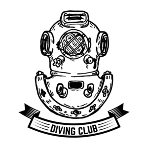 潜水俱乐部。 手绘老式潜水员头盔。 标志标签设计的设计元素。 矢量插图