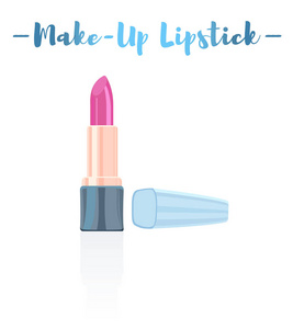 蓝色矢量插图的美容用具粉红色口红化妆产品与颜料，油，蜡和润肤剂，应用颜色纹理和保护嘴唇。