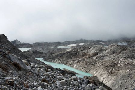 珠穆朗玛峰大本营路线上的雪山冰川上美丽的绿水