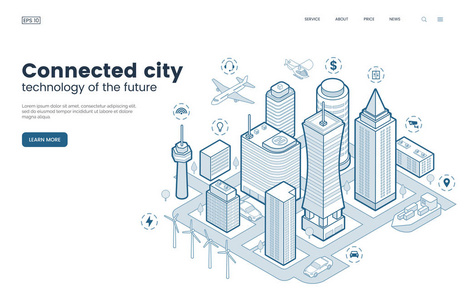 智慧城市等距细线插图。情报建筑。连接到计算机网络的城市街道。城市基础设施。商务中心设有摩天大楼。向量 eps 10