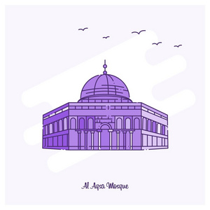 阿克萨清真寺地标紫色虚线天际线矢量插图