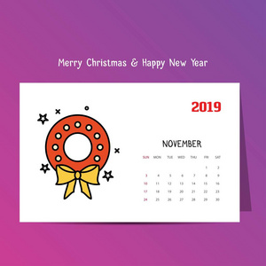 2019年新年快乐，11月日历模板。 圣诞节背景