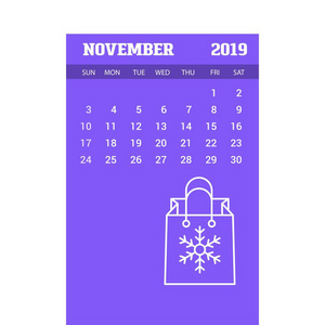 2019年新年快乐，11月日历模板。 圣诞节背景