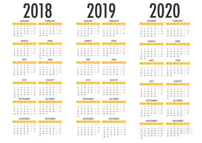 2018到2020的图片,2019到2021的图片 白色背景下2018年2019年至2020年日历星期一开始简单向量模板
