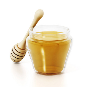 蜂蜜罐和迪珀分离在白色背景上。 三维插图。