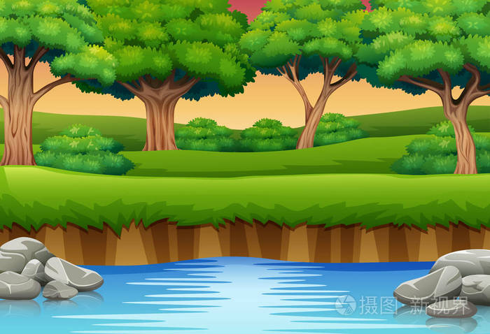 森林中的河流卡通和剪影背景