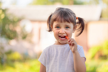 快乐的小女孩吃新鲜甜胡萝卜。 欧洲小女孩在阳光明媚的夏日在花园里。