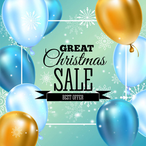 圣诞销售横幅模板排版, 金色和蓝色气球, 雪花装饰传单, 海报, 网页, 横幅和卡