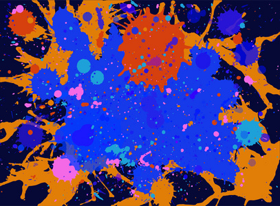 深蓝色和橙色油漆艺术分层飞溅背景水平格式。