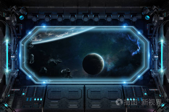 黑暗宇宙飞船内部,空间三维渲染大窗口视图