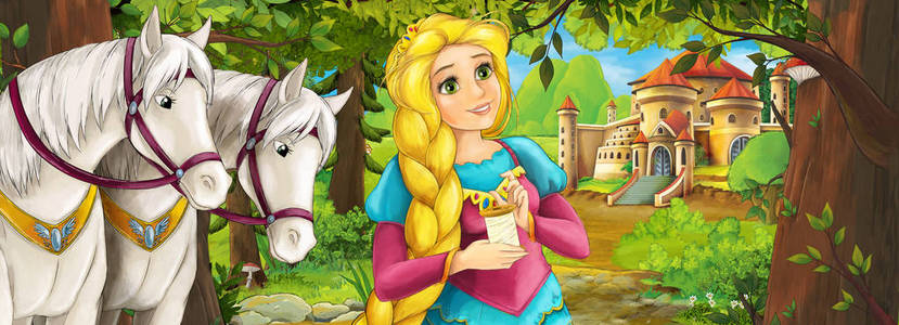 卡通自然场景，森林附近有美丽的城堡，有美丽的年轻公主和马的插图给孩子们。