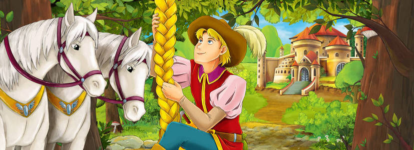 卡通自然场景，森林附近有美丽的城堡，有美丽的年轻王子和马的插图给孩子们。