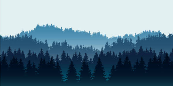 蓝天下多层丘陵针叶林的写实插图和文本矢量空间