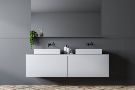 双浴室水槽站在白色台面上的房间，灰色的墙壁，上面有一个大的水平镜子。 3D渲染