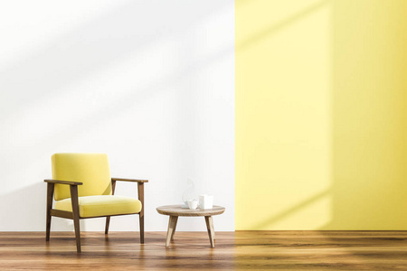 极简主义客厅内部有白色和黄色的墙壁木地板和黄色和木制扶手椅附近的桌。 3D渲染