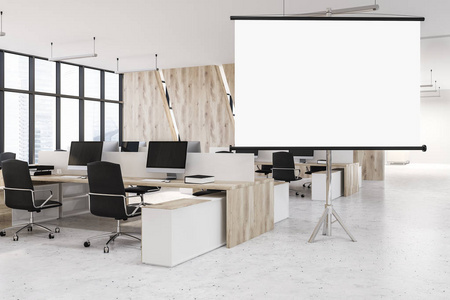 现代办公室内部有木质墙壁石材地板全景窗和一排排木制和白色的电脑桌和椅子。 横向海报。 3D渲染模拟