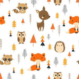 冬季图案与有趣的猫头鹰，狐狸，刺猬，浣熊，树木，圣诞森林背景