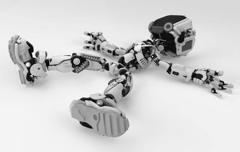 屏幕机器人图形人物姿势躺在白色表面三维插图水平