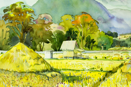 水彩山水原画在纸上彩色的村庄和稻田，上午与天空的背景，手工绘制插图，美丽的自然冬季在泰国。