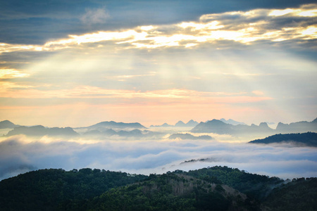 晨景日出景观美丽的早晨，雾日出，薄雾笼罩在山林上，山背景在季节冬季阳光下PhuBot，Loei，泰国