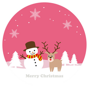 一个雪人和一只驯鹿的圆形冬季景观。 平面简单和卡通风格的矢量插图。