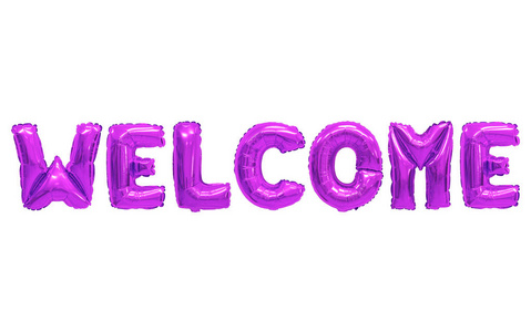 英语字母表中的单词欢迎来自白色背景上的紫色气球。 假期和教育。