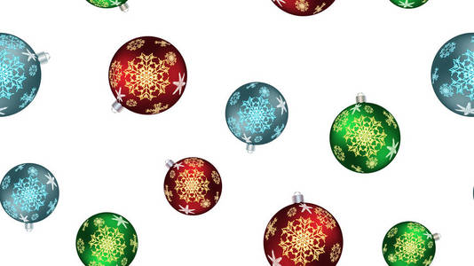 节日美丽的圣诞冬季质感, 礼物包装一个无缝的图案, 从五颜六色的圆球, 圣诞树装饰与雪花的图案。向量背景