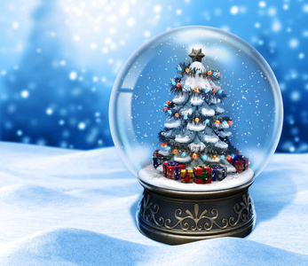 神奇的雪球与圣诞树蓝色背景3D渲染插图
