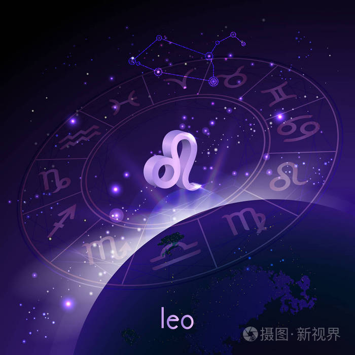 矢量插图的三维标志和星座狮子座与占星圈的透视空间背景与日出和地球