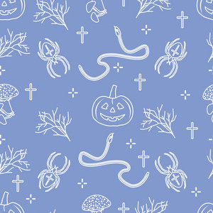 万圣节2019矢量无缝图案与南瓜，树枝，蜘蛛，蛇，十字架。设计用于装饰包装贺卡网页背景织物印刷。