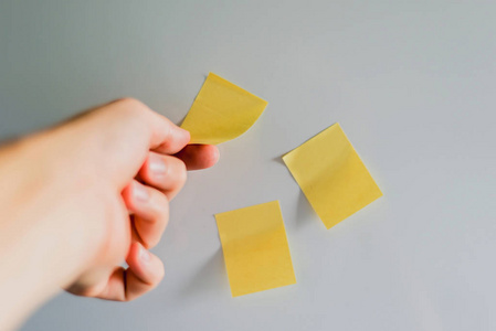 手是钉或分离黄色粘性。冰箱上的黄色纸条。概念的提醒，报警..给冰箱上的人留个口信。